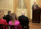 Evan Steen (S&H Foundation Board Member, 65-74) addressing Alumni audience